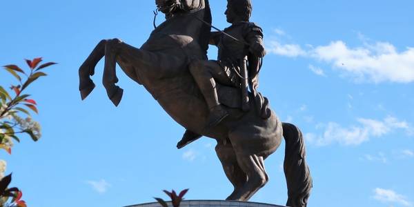 The statue of Alexander the Great on horseback, one of Skopje's most iconic landmarks.