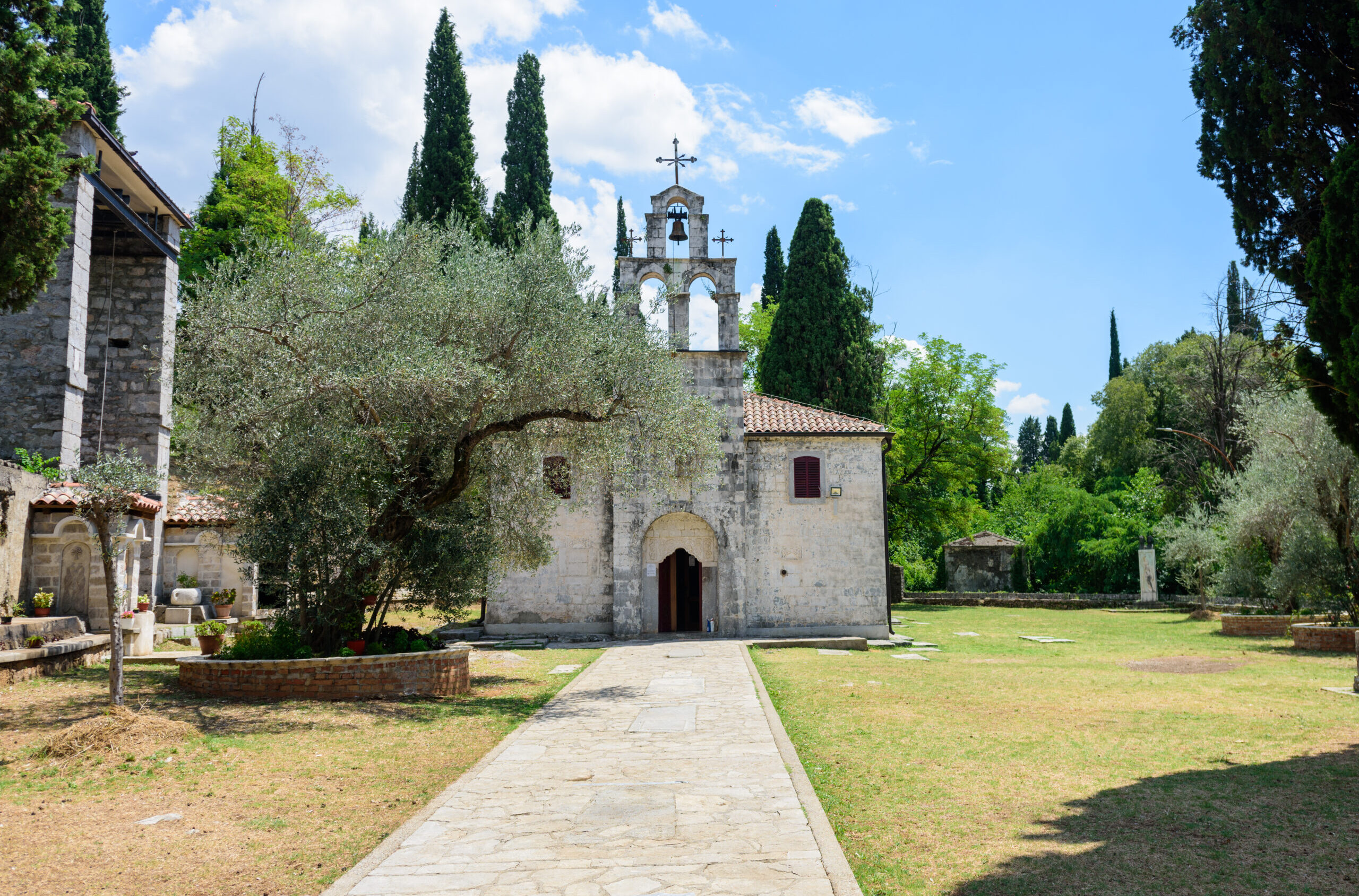 The Church of St. George, one of the oldest churches in Podgorica, surrounded by trees and peaceful gardens.