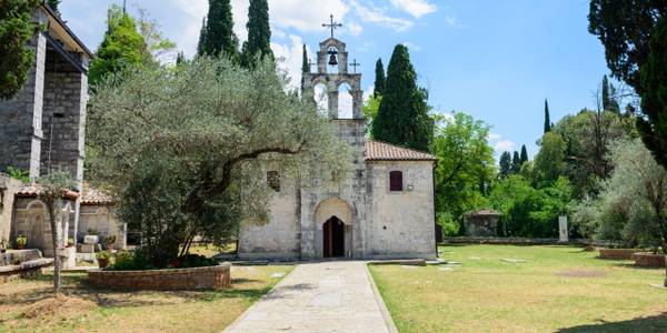 The Church of St. George, one of the oldest churches in Podgorica, surrounded by trees and peaceful gardens.