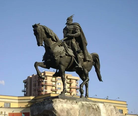 The statue of Skanderbeg in the main square of Tirana.