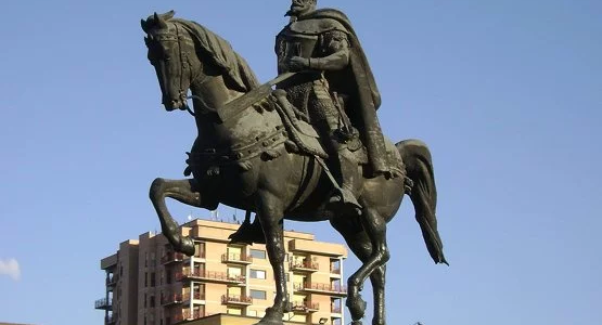 The statue of Skanderbeg in the main square of Tirana.