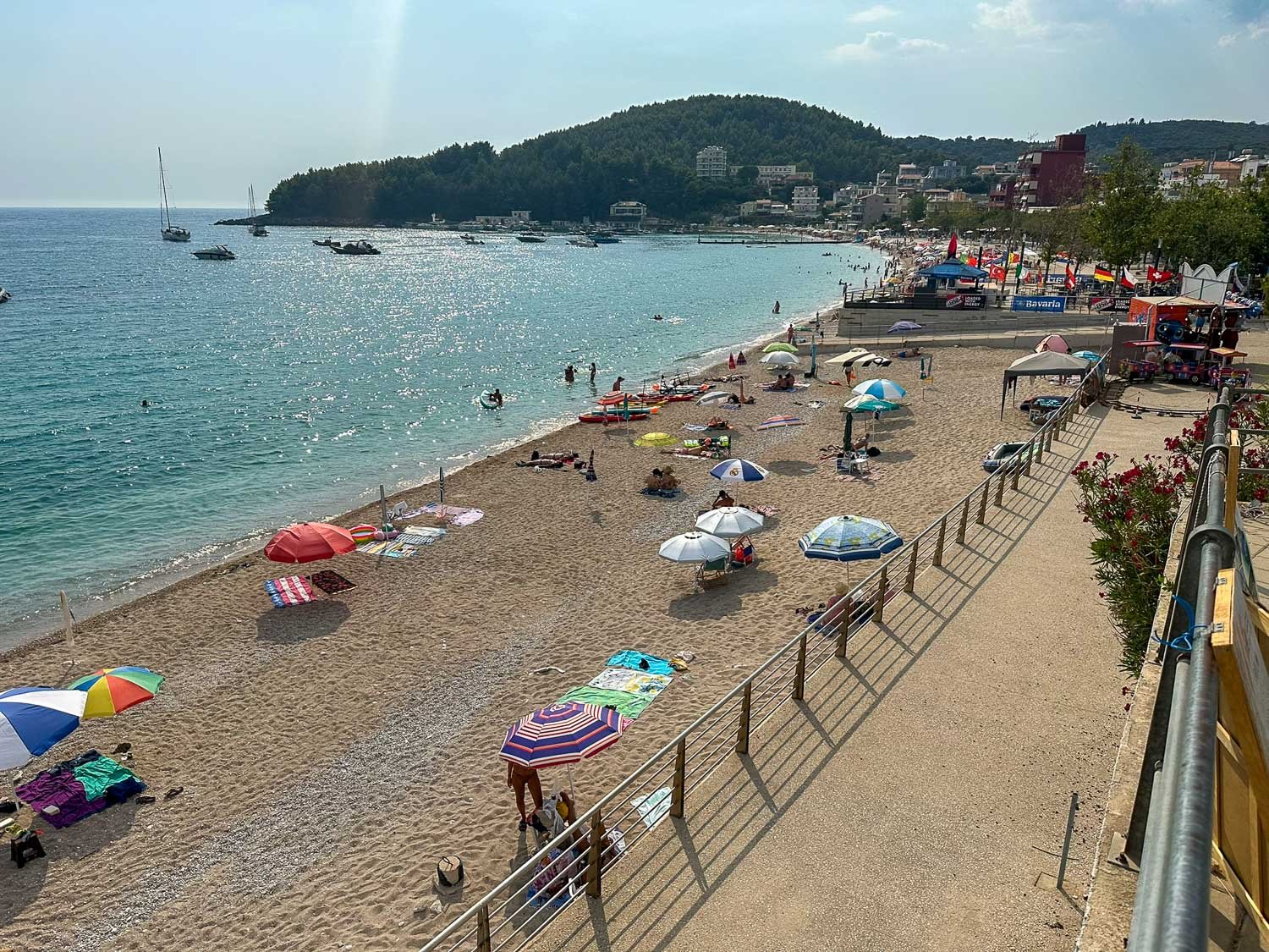 Himara beach full of umbrellas
