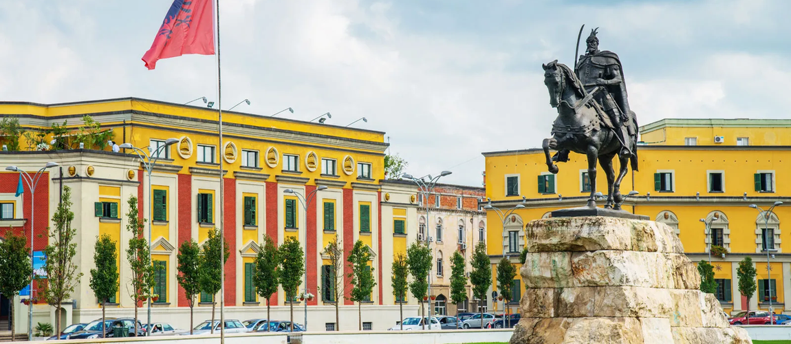 Skanderbeg Square with Albania's national hero's statue