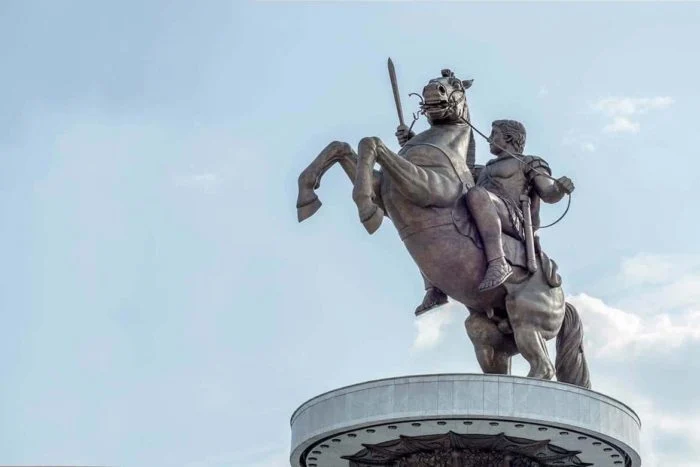 Statue of the warrior on a horse in Skopje’s main square.
