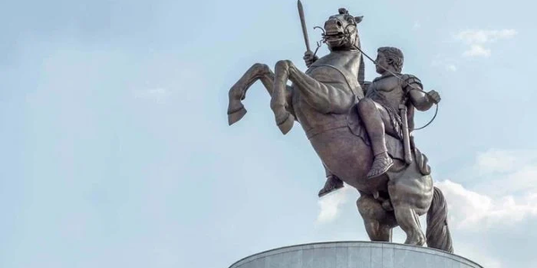 Statue of the warrior on a horse in Skopje’s main square.