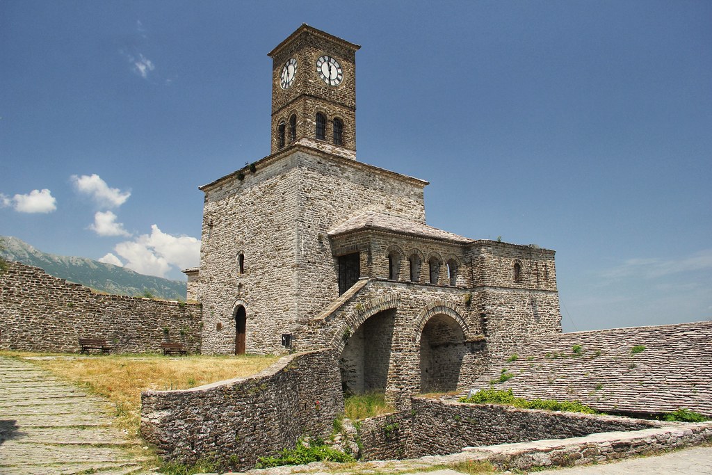 The Bazaar of Gjirokastër, a historic street lined with artisan shops and traditional Albanian souvenirs.