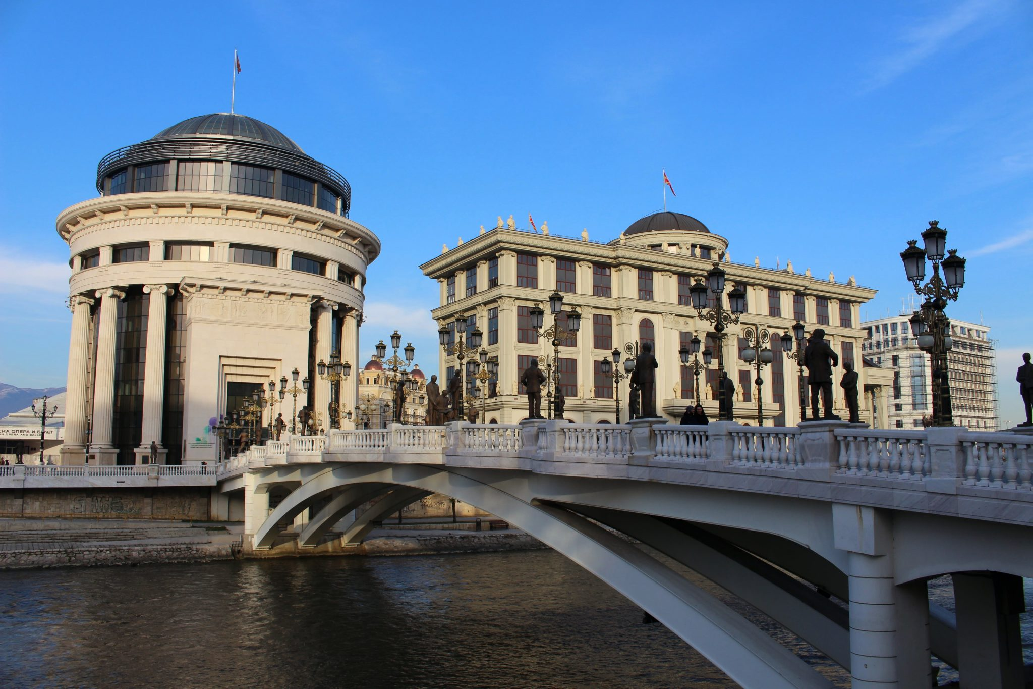 Famous bridge in Skopje with statues and beautiful architecture.