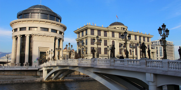 Famous bridge in Skopje with statues and beautiful architecture.