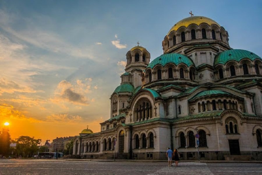 A large cathedral in Sofia at sunset.