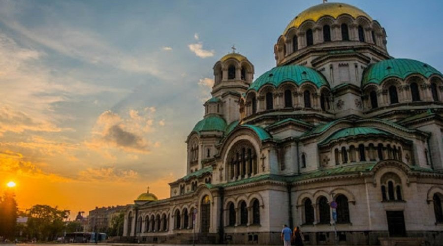 A large cathedral in Sofia at sunset.