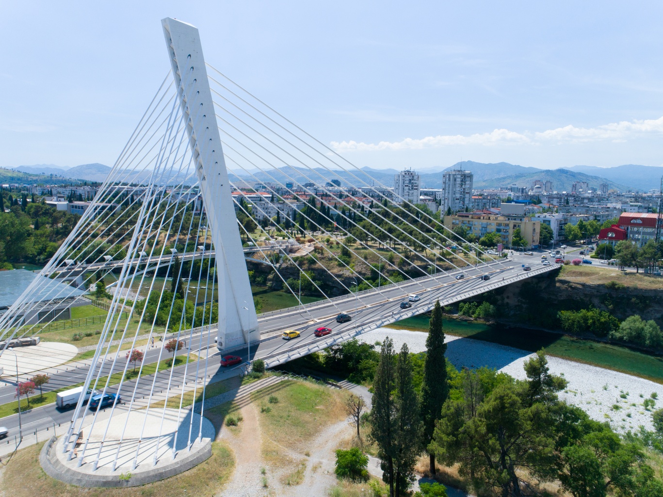 The Millennium Bridge, one of Podgorica’s landmarks, spans the Morača River with its sleek cable-stayed design.